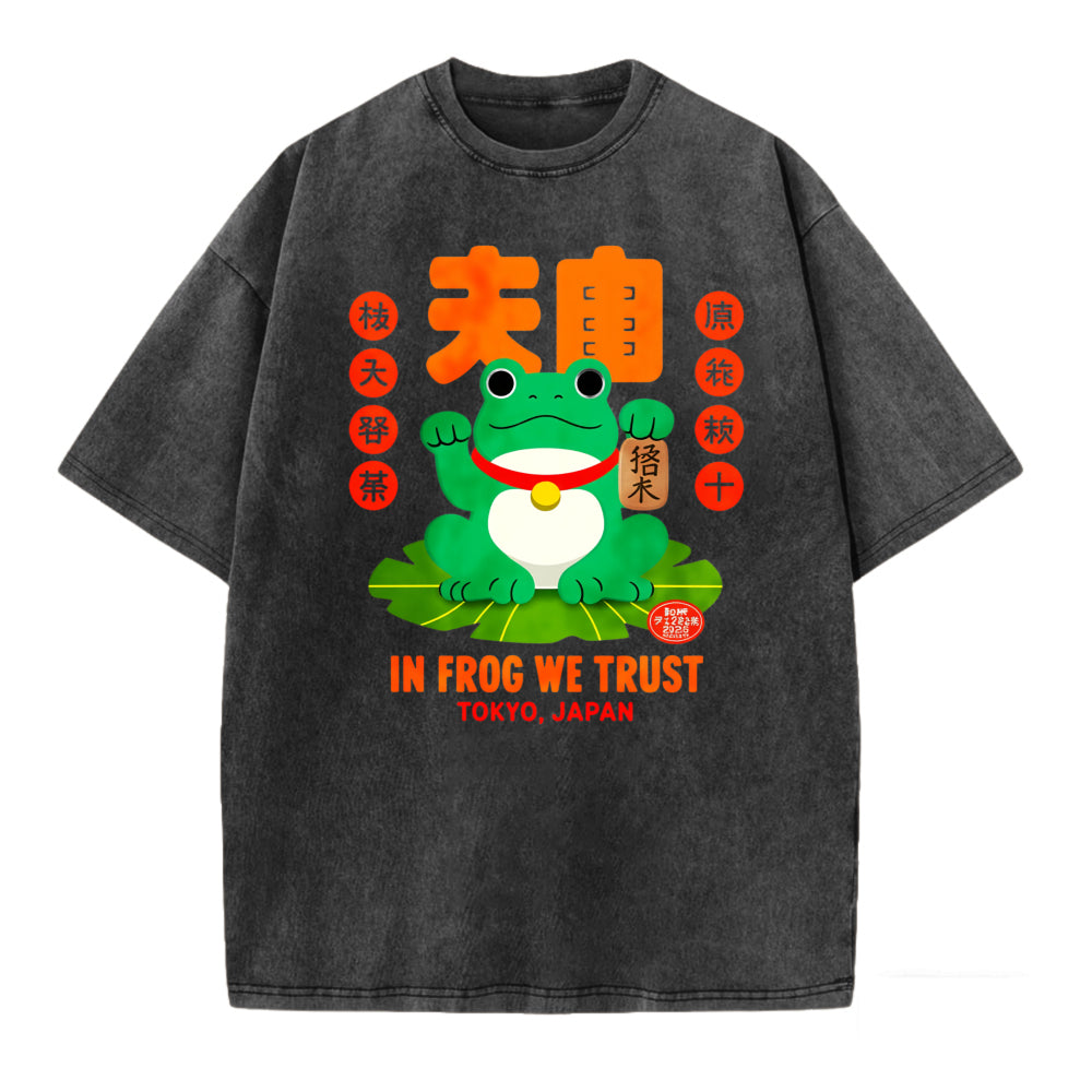 Japanese Style Lucky Frog Funny Print Washed T-shirt