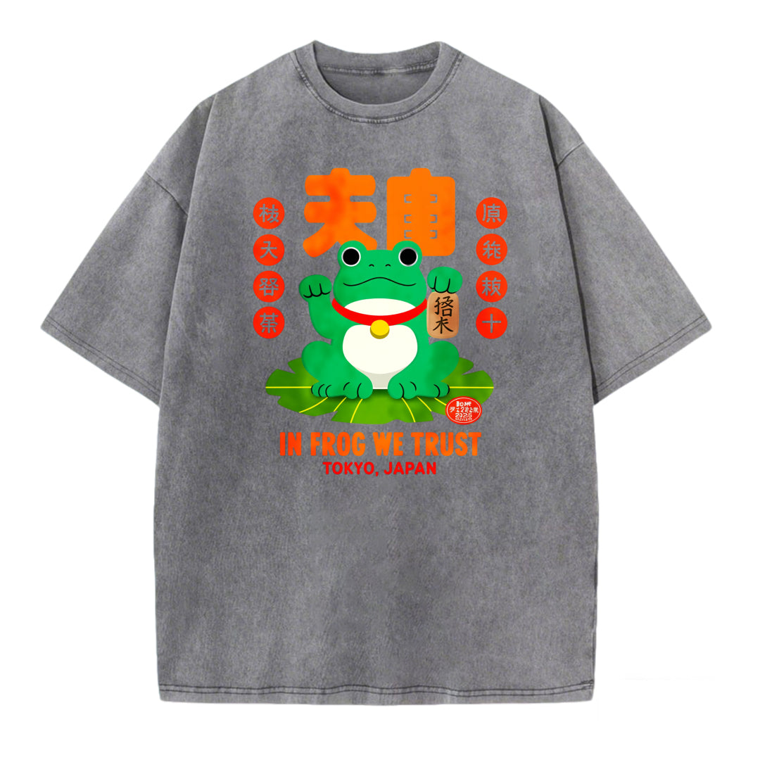 Japanese Style Lucky Frog Funny Print Washed T-shirt