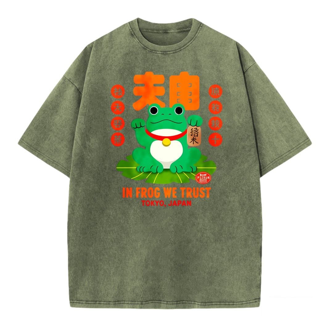 Japanese Style Lucky Frog Funny Print Washed T-shirt